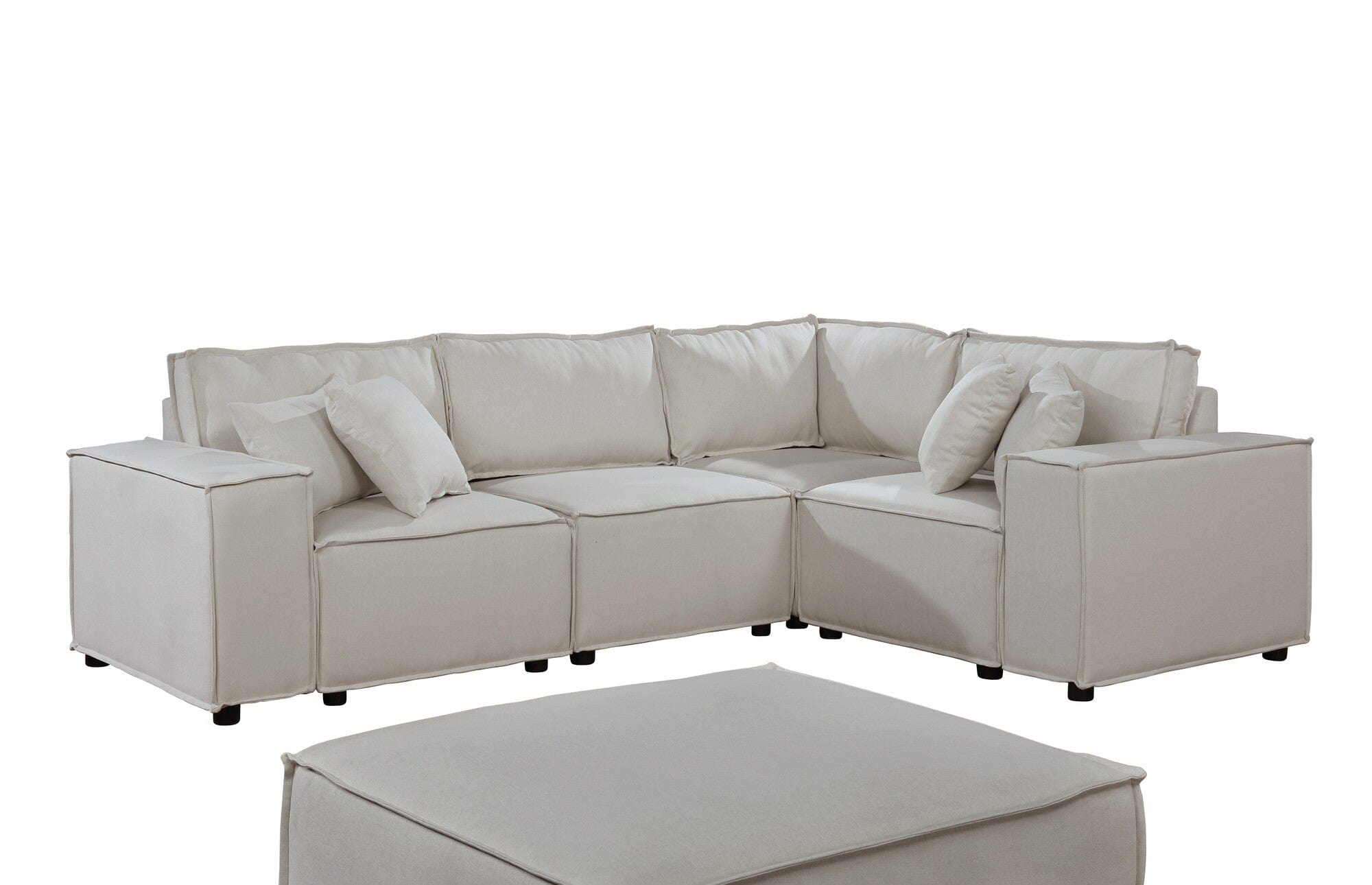 Willow & Hearth Melrose 99"W Modular Sectional Sofa with Ottoman in Beige Linen