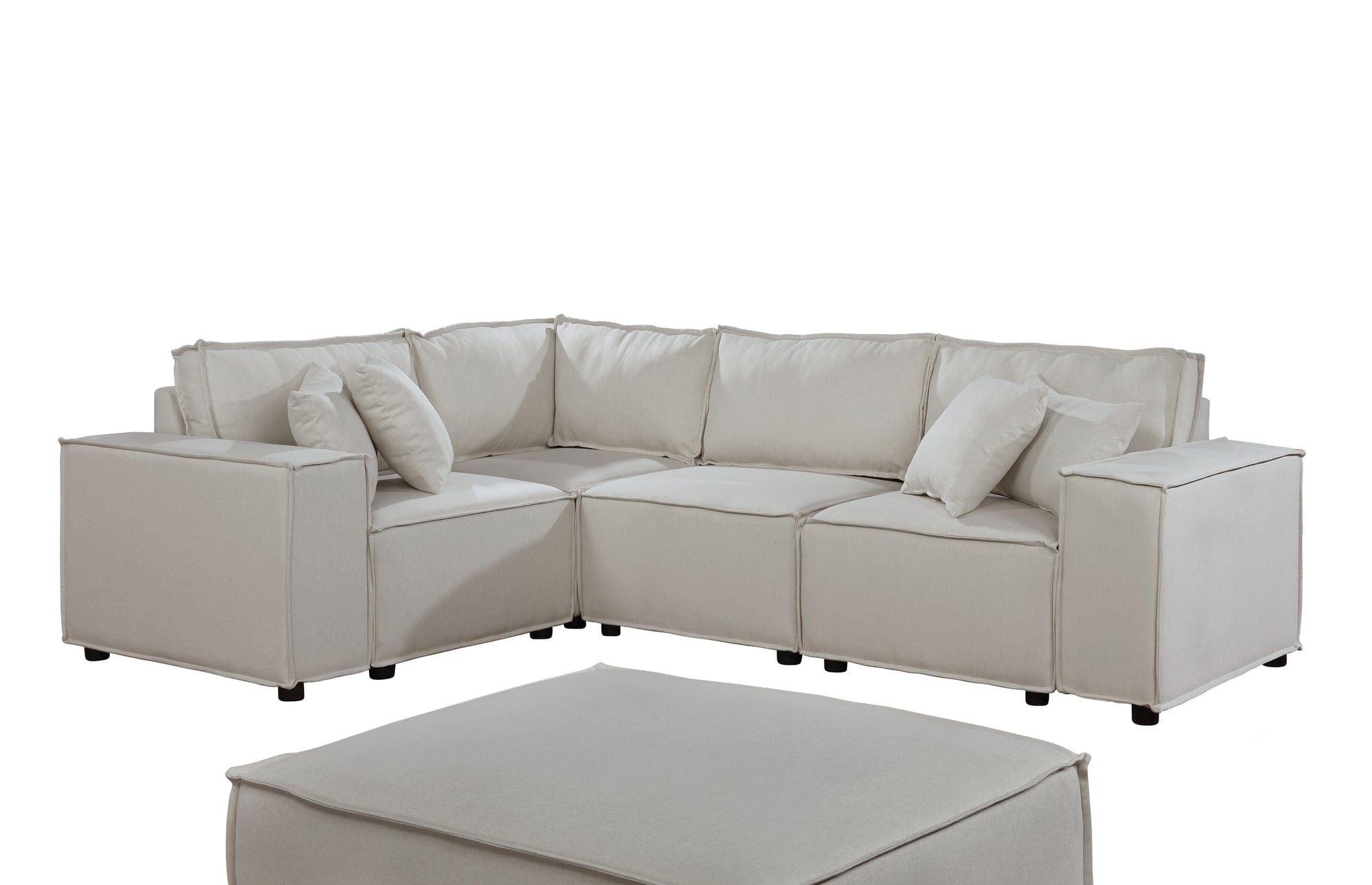 Willow & Hearth Melrose 99"W Modular Sectional Sofa with Ottoman in Beige Linen