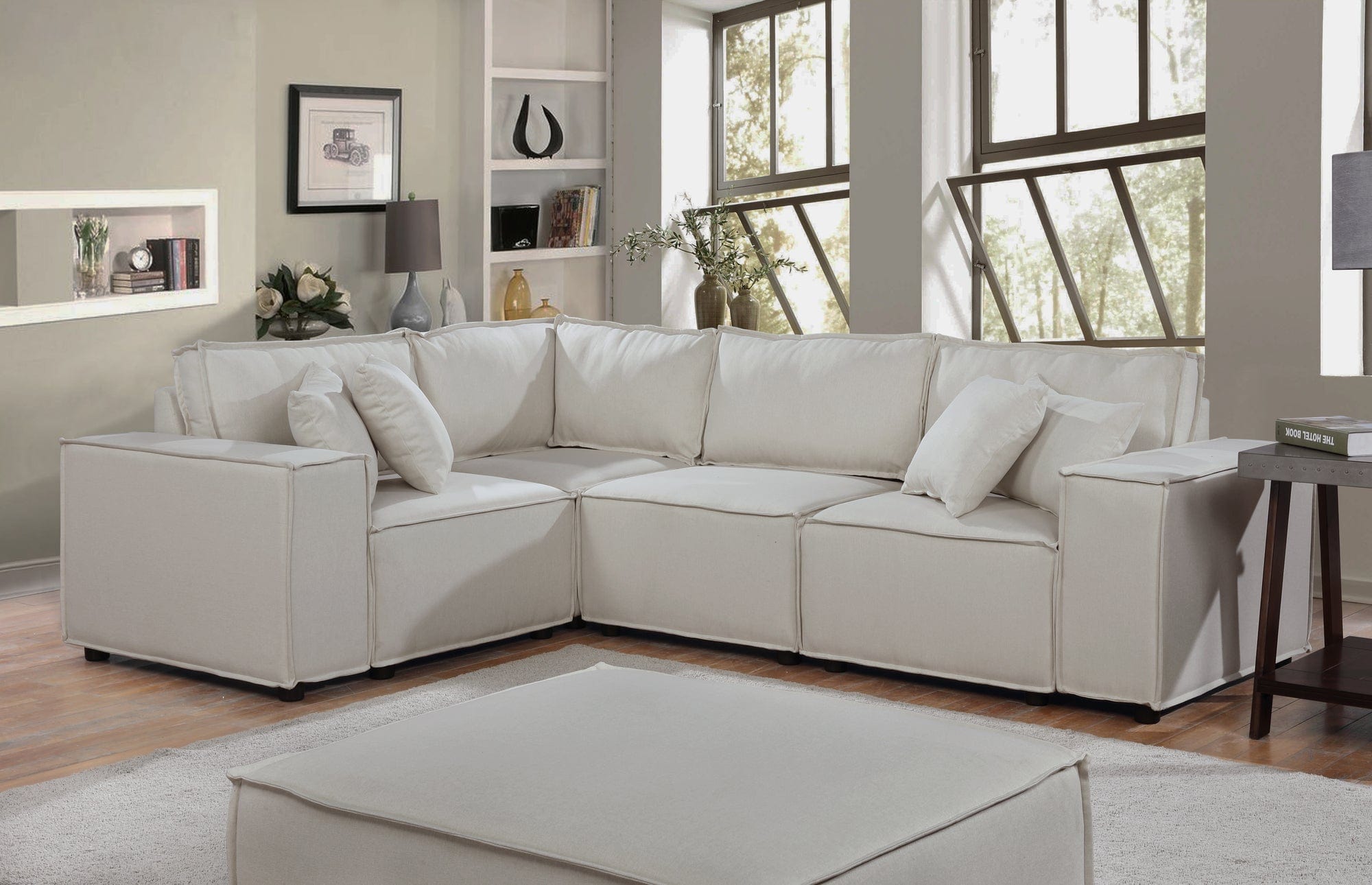 Willow & Hearth Melrose 99"W Modular Sectional Sofa with Ottoman in Beige Linen