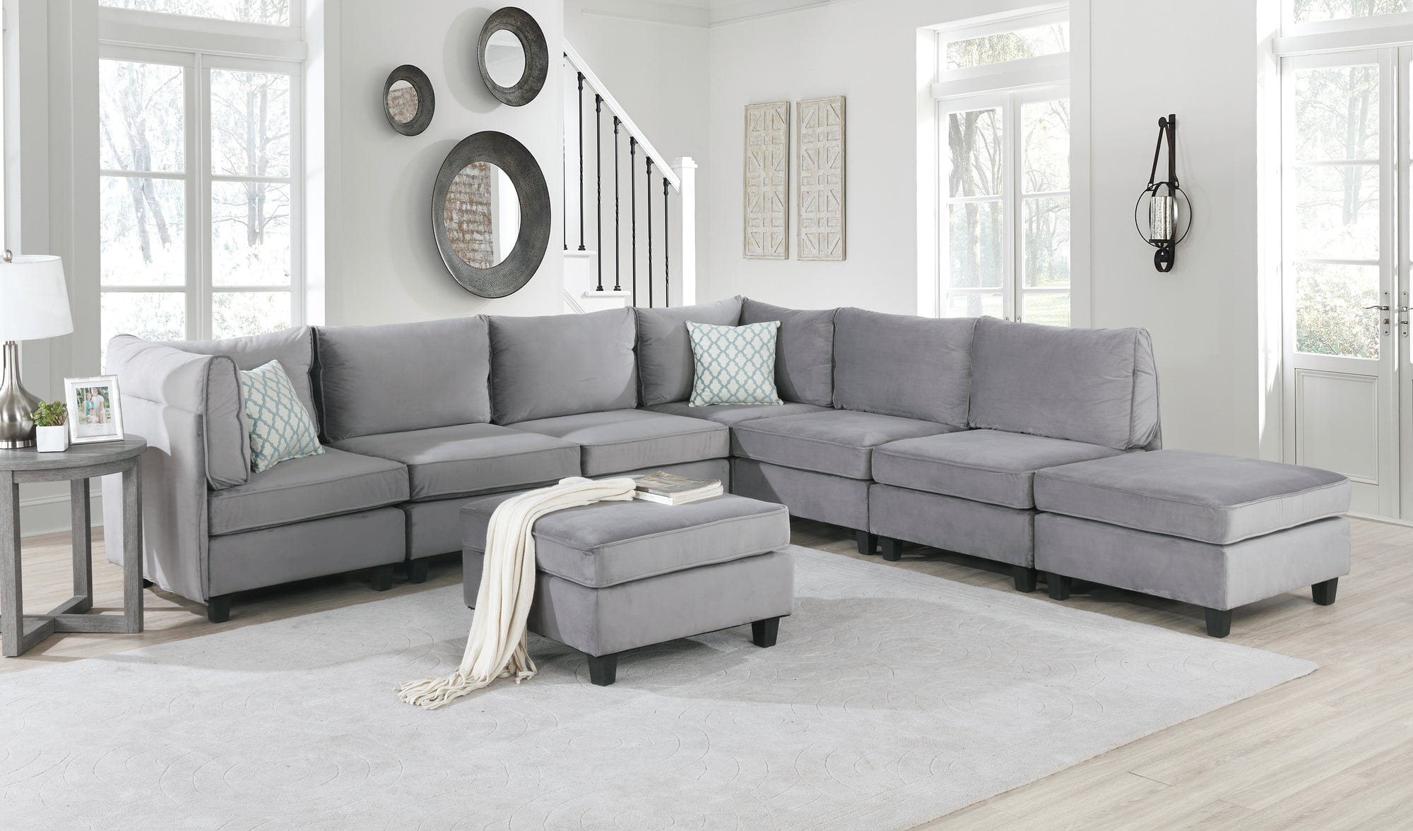 Willow & Hearth Simona 120"W Gray Velvet 8Pc Modular Sectional Sofa