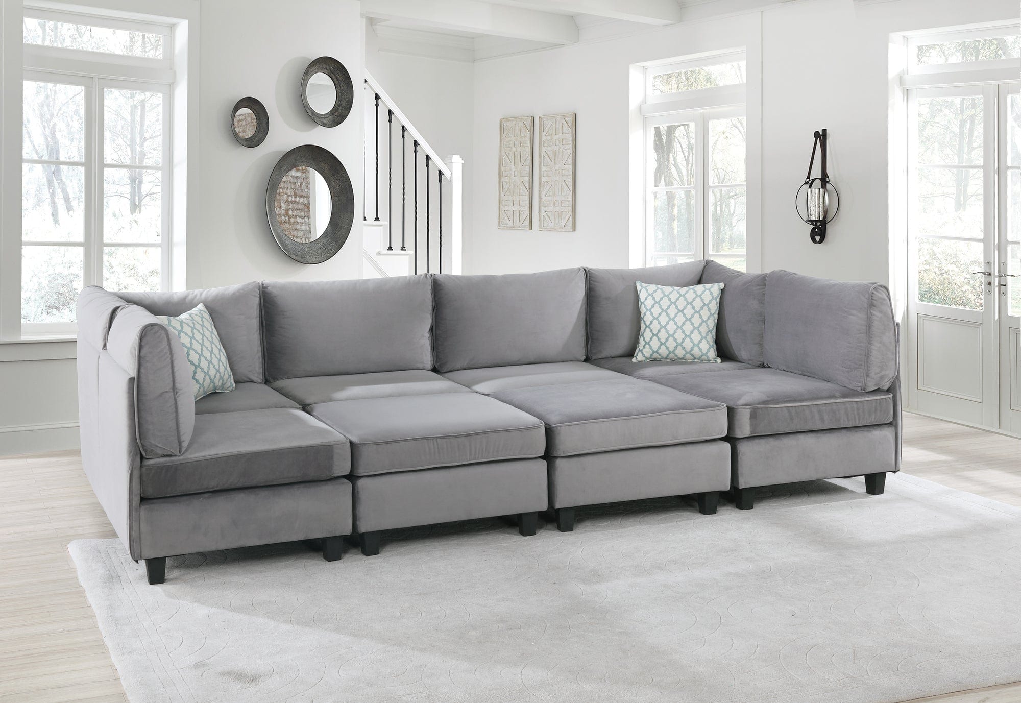 Willow & Hearth Simona 120"W Gray Velvet 8Pc Modular Sectional Sofa