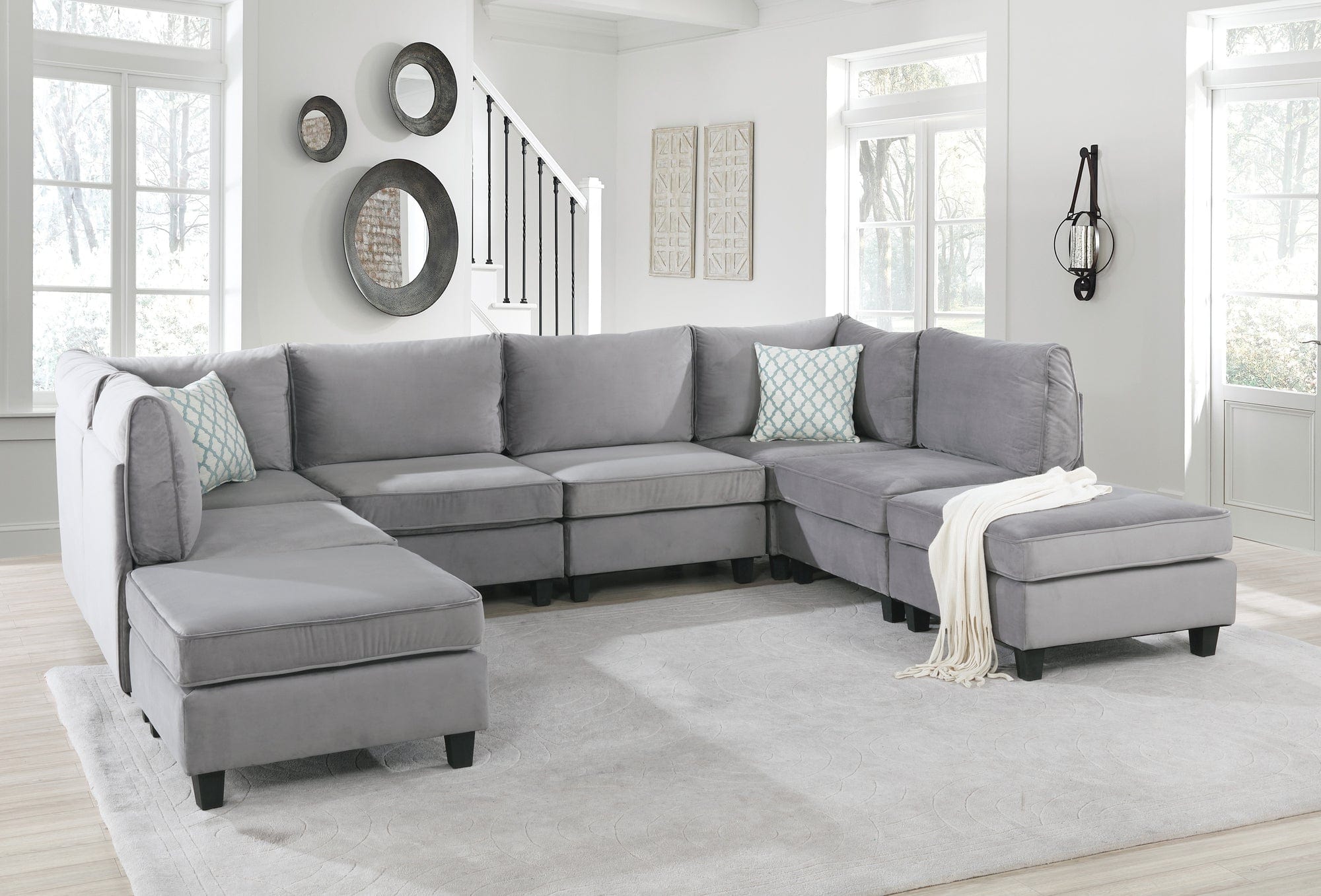 Willow & Hearth Simona 120"W Gray Velvet 8Pc Modular Sectional Sofa