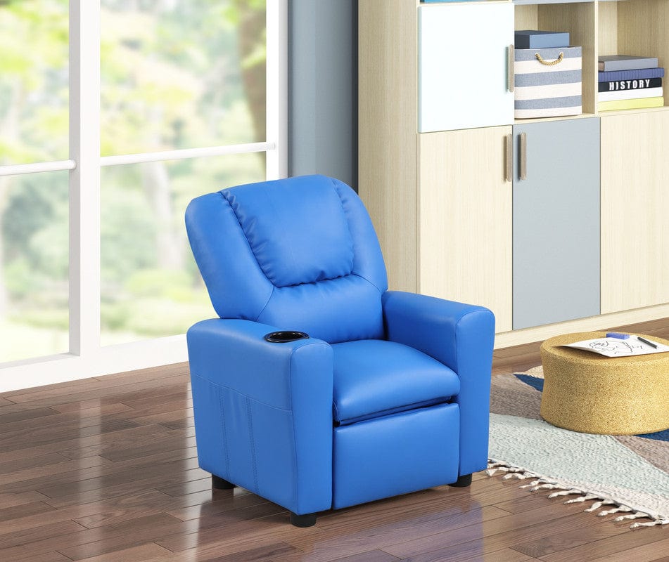 Willow & Hearth Marisa 23"W Blue PU Leather Kids Recliner Chair with Cupholder