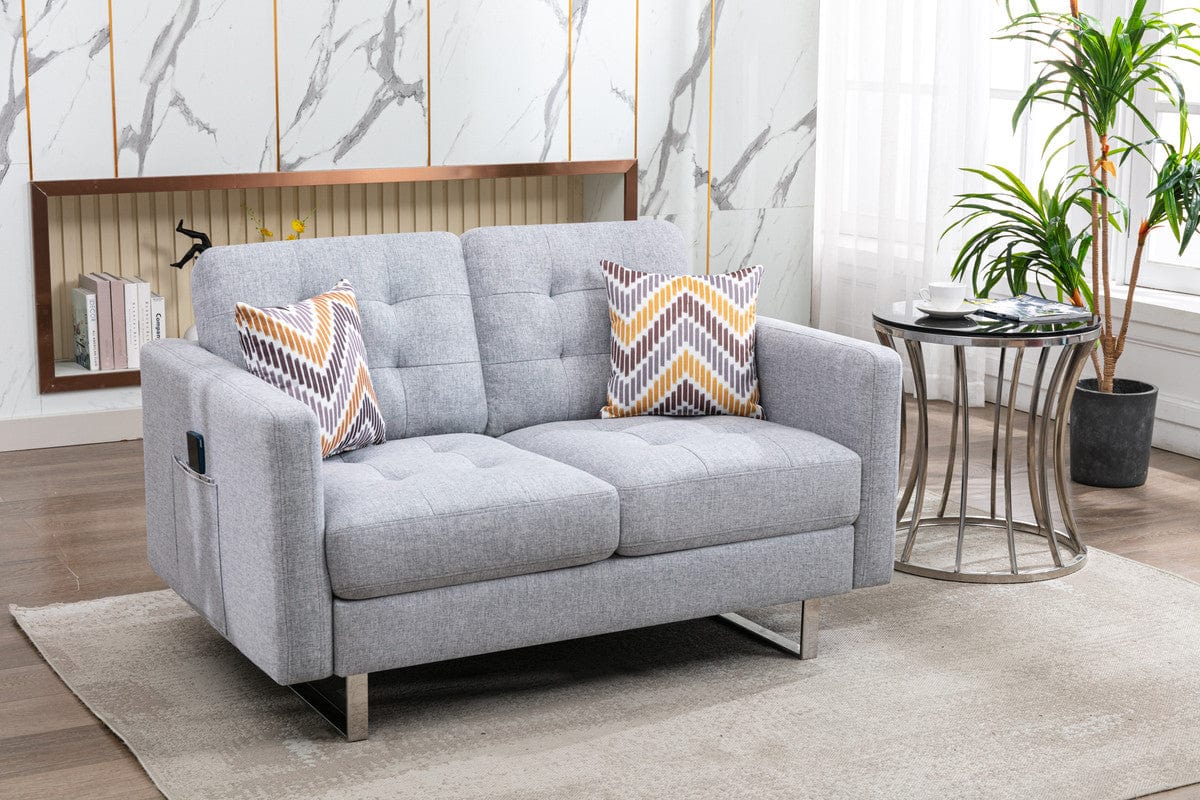 Willow & Hearth Victoria 53.5"W Light Gray Linen Fabric Loveseat with Metal Legs, Side Pockets, and Pillows