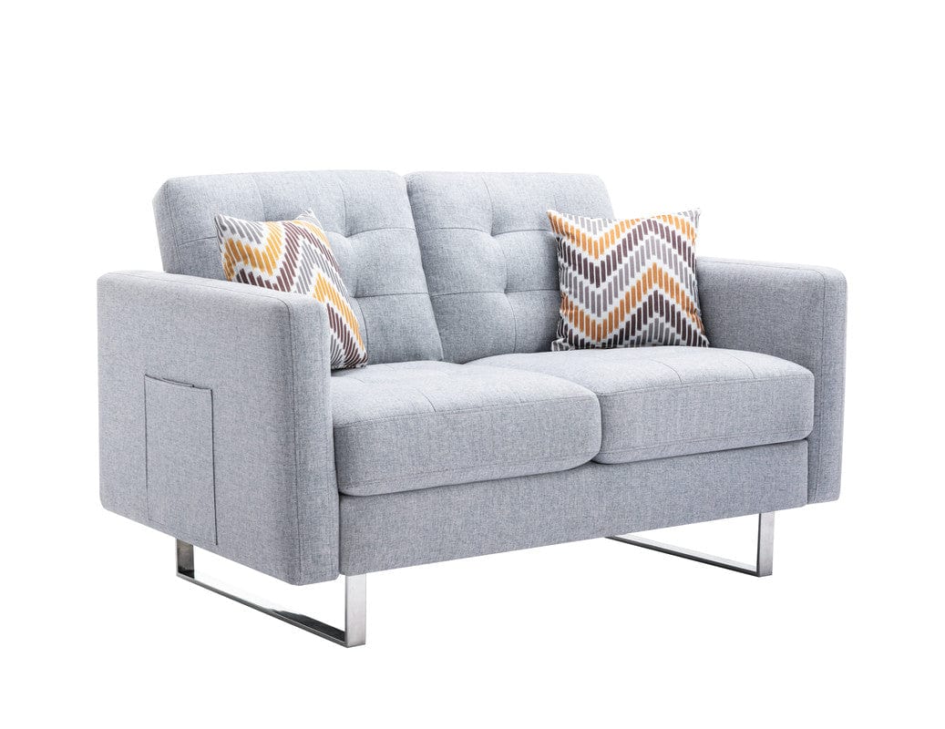Willow & Hearth Victoria 53.5"W Light Gray Linen Fabric Loveseat with Metal Legs, Side Pockets, and Pillows