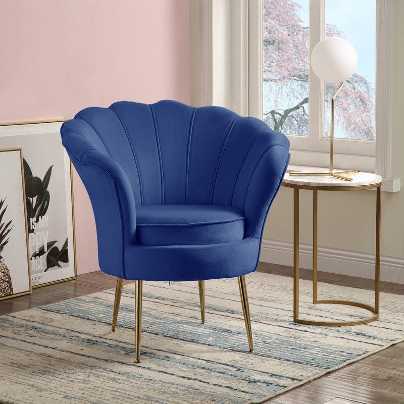 Willow & Hearth Angelina 34"W Blue Velvet Scalloped Back Barrel Accent Chair with Metal Legs