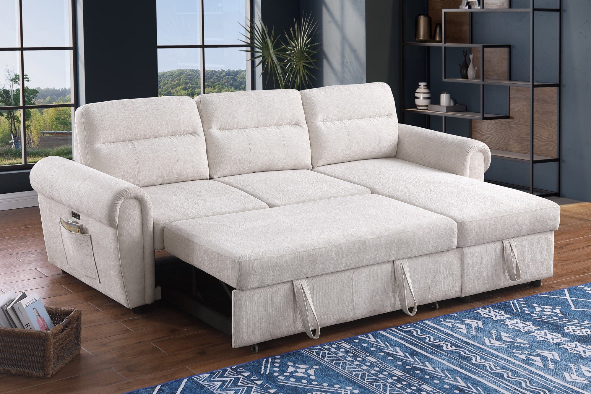Willow & Hearth Hugo 97"W Beige Chenille Reversible Sleeper Sectional Sofa Chaise with USB Charger