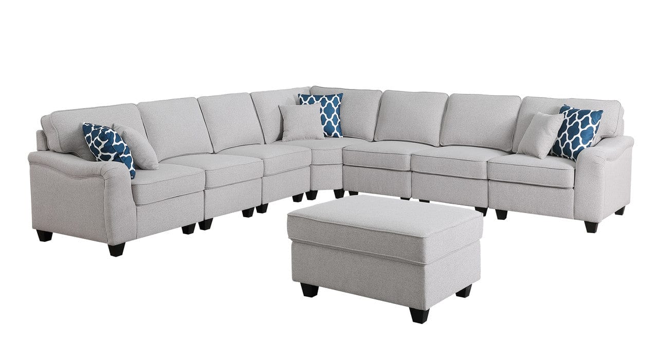 Willow & Hearth Leo 125"W Light Gray Linen 8Pc Modular L-Shape Sectional Sofa and Ottoman