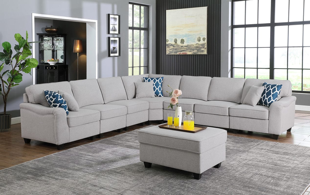 Willow & Hearth Leo 125"W Light Gray Linen 8Pc Modular L-Shape Sectional Sofa and Ottoman
