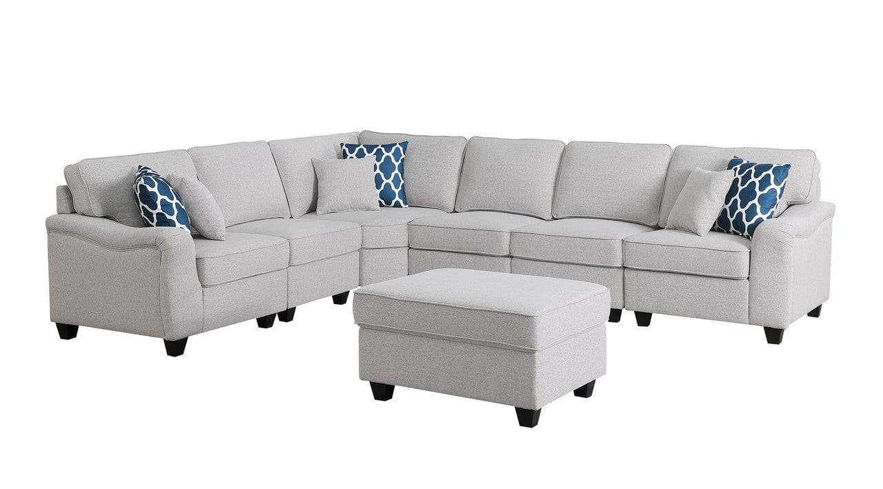 Willow & Hearth Leo 125"W Light Gray Linen 7Pc Modular L-Shape Sectional Sofa and Ottoman