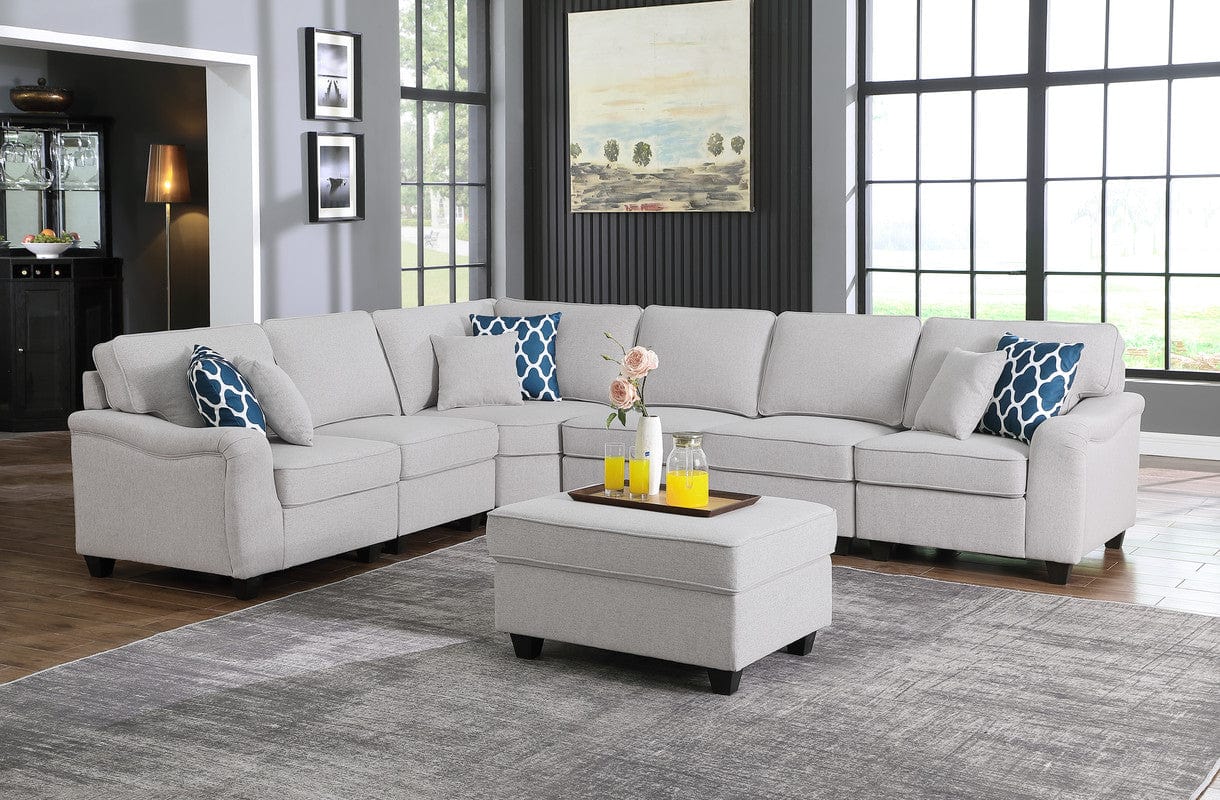 Willow & Hearth Leo 125"W Light Gray Linen 7Pc Modular L-Shape Sectional Sofa and Ottoman