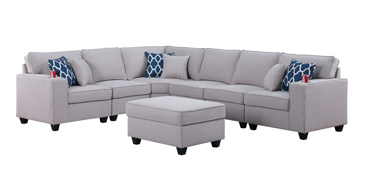 Willow & Hearth Cooper 125"W Light Gray Linen 7Pc Reversible L-Shape Sectional Sofa with Ottoman and Cupholder