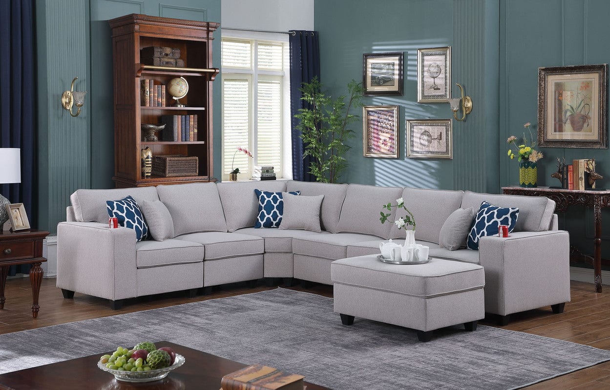 Willow & Hearth Cooper 125"W Light Gray Linen 7Pc Reversible L-Shape Sectional Sofa with Ottoman and Cupholder