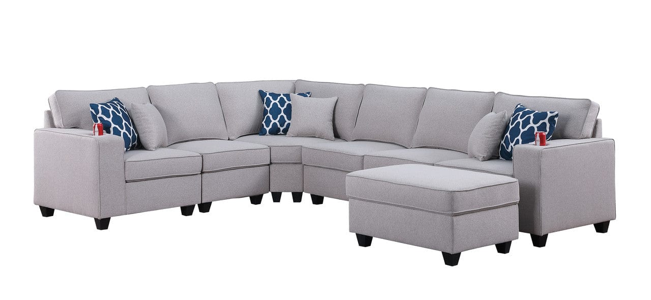 Willow & Hearth Cooper 125"W Light Gray Linen 7Pc Reversible L-Shape Sectional Sofa with Ottoman and Cupholder