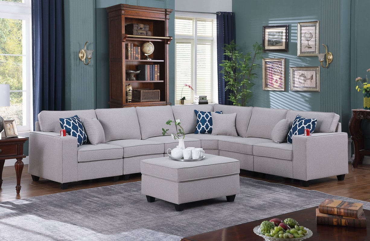 Willow & Hearth Cooper 125"W Light Gray Linen 7Pc Reversible L-Shape Sectional Sofa with Ottoman and Cupholder