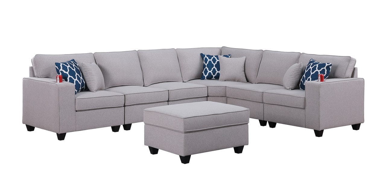Willow & Hearth Cooper 125"W Light Gray Linen 7Pc Reversible L-Shape Sectional Sofa with Ottoman and Cupholder