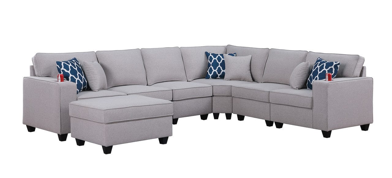 Willow & Hearth Cooper 125"W Light Gray Linen 7Pc Reversible L-Shape Sectional Sofa with Ottoman and Cupholder