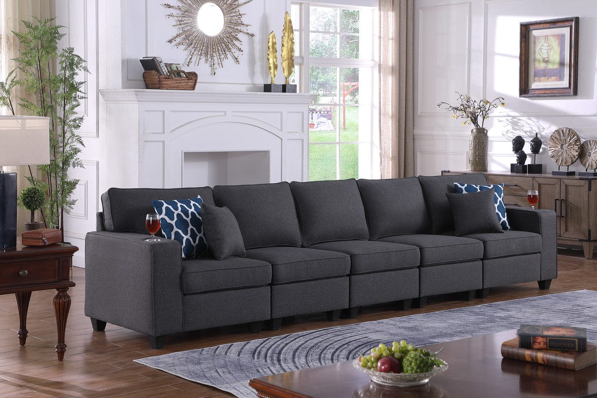 Willow & Hearth Cooper 145.5"W Dark Gray Linen 5-Seater Sofa with Cupholder