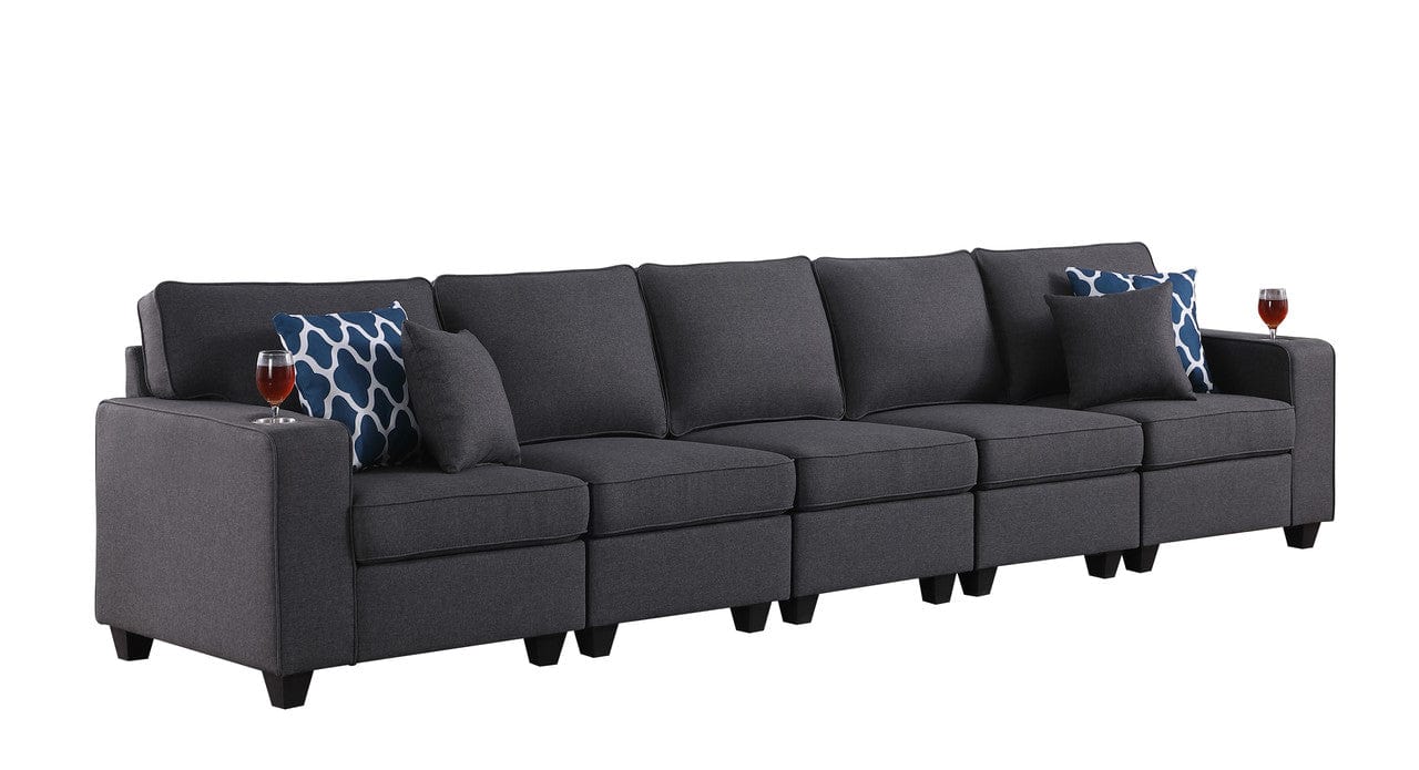 Willow & Hearth Cooper 145.5"W Dark Gray Linen 5-Seater Sofa with Cupholder