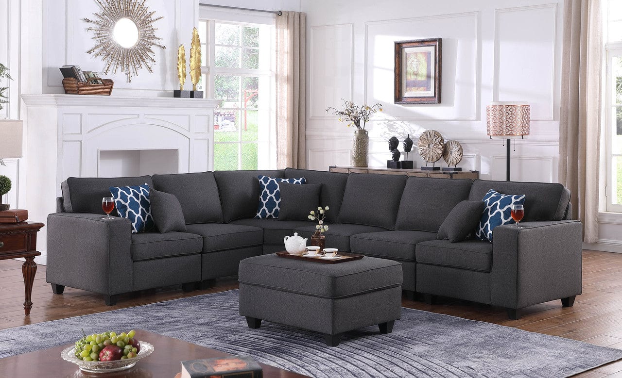 Willow & Hearth Cooper 125"W Dark Gray Linen 7Pc Reversible L-Shape Sectional Sofa with Ottoman and Cupholder
