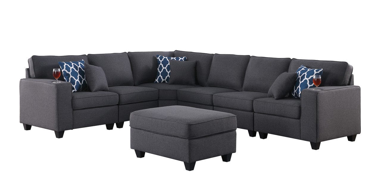 Willow & Hearth Cooper 125"W Dark Gray Linen 7Pc Reversible L-Shape Sectional Sofa with Ottoman and Cupholder