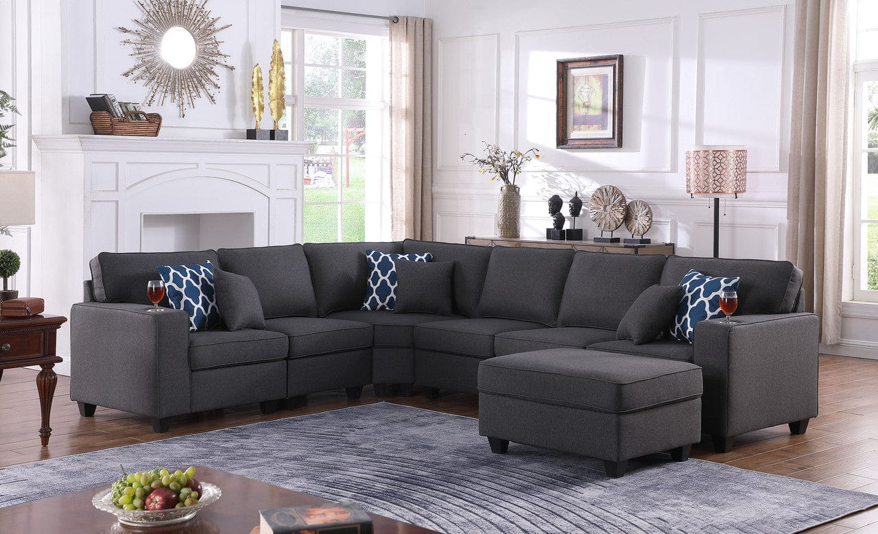 Willow & Hearth Cooper 125"W Dark Gray Linen 7Pc Reversible L-Shape Sectional Sofa with Ottoman and Cupholder