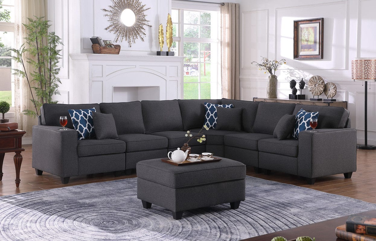 Willow & Hearth Cooper 125"W Dark Gray Linen 7Pc Reversible L-Shape Sectional Sofa with Ottoman and Cupholder