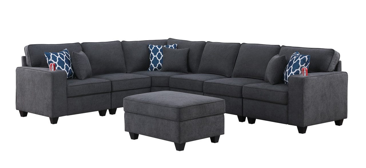 Willow & Hearth Cooper 125"W Stone Gray Woven Fabric 7Pc Reversible L-Shape Sectional Sofa with Ottoman and Cupholder