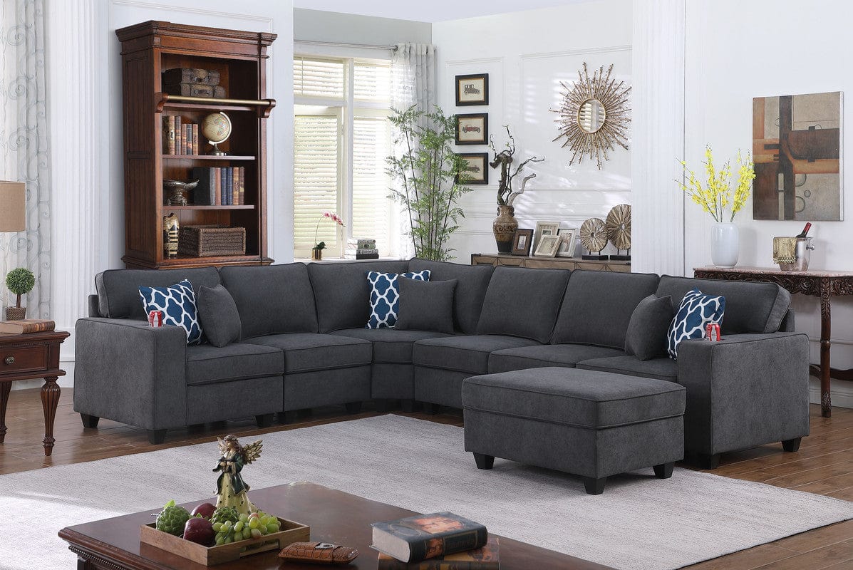 Willow & Hearth Cooper 125"W Stone Gray Woven Fabric 7Pc Reversible L-Shape Sectional Sofa with Ottoman and Cupholder