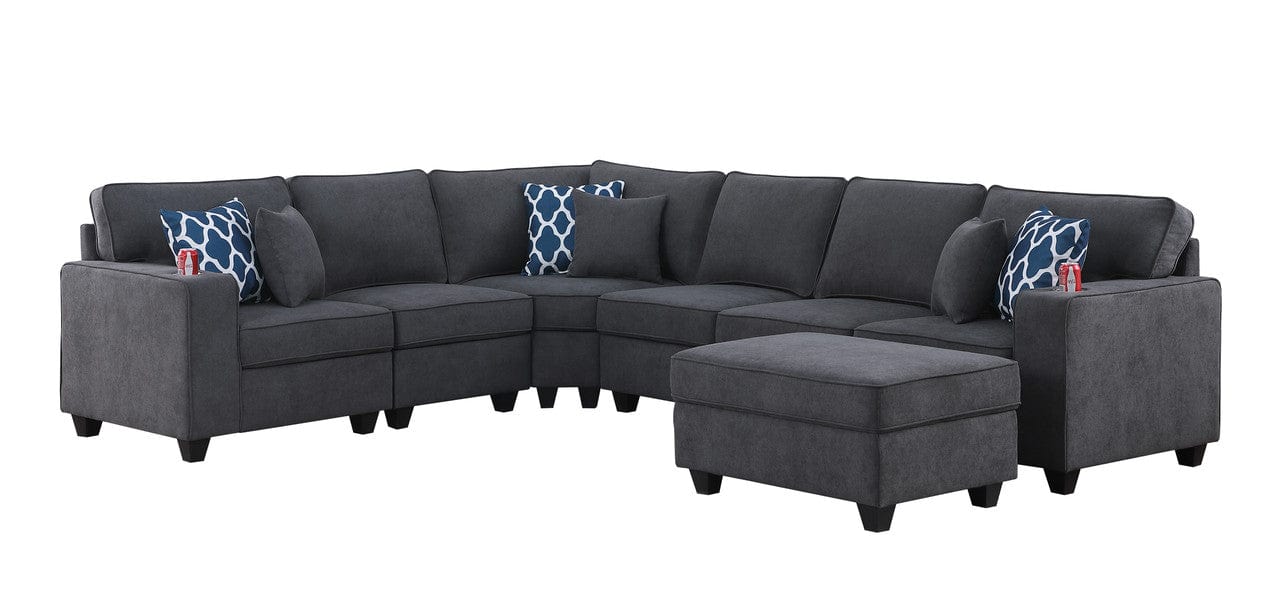 Willow & Hearth Cooper 125"W Stone Gray Woven Fabric 7Pc Reversible L-Shape Sectional Sofa with Ottoman and Cupholder