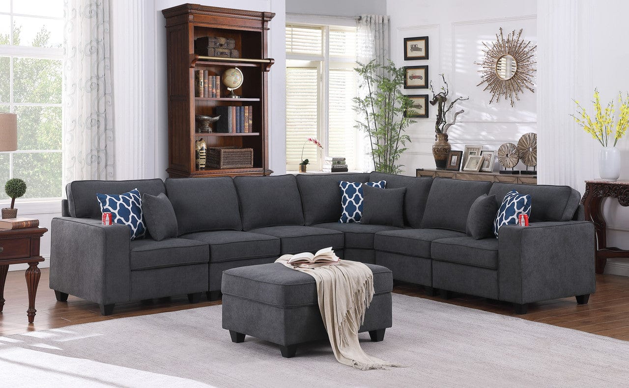 Willow & Hearth Cooper 125"W Stone Gray Woven Fabric 7Pc Reversible L-Shape Sectional Sofa with Ottoman and Cupholder