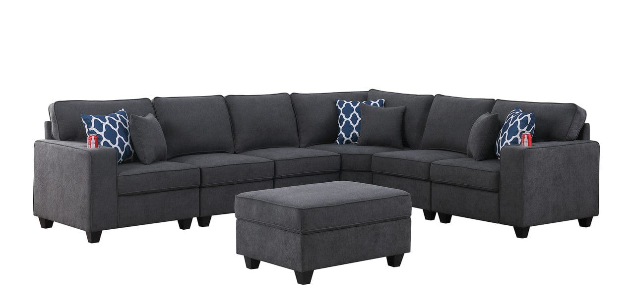 Willow & Hearth Cooper 125"W Stone Gray Woven Fabric 7Pc Reversible L-Shape Sectional Sofa with Ottoman and Cupholder