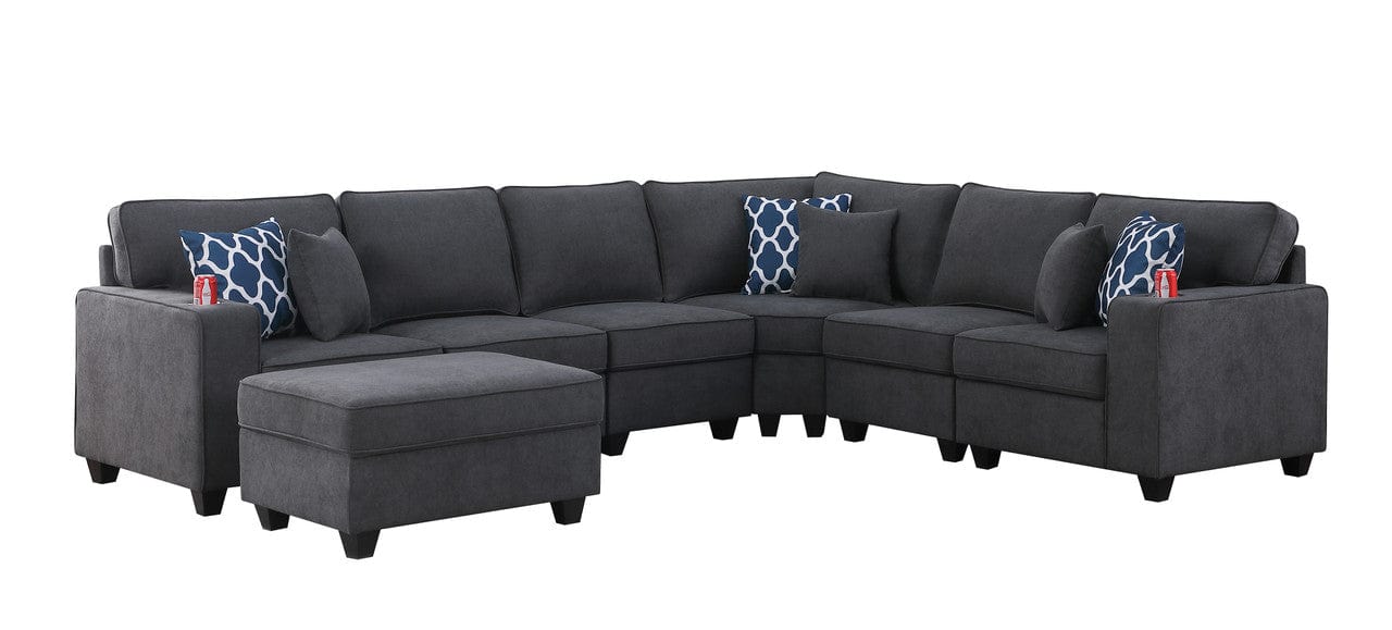 Willow & Hearth Cooper 125"W Stone Gray Woven Fabric 7Pc Reversible L-Shape Sectional Sofa with Ottoman and Cupholder