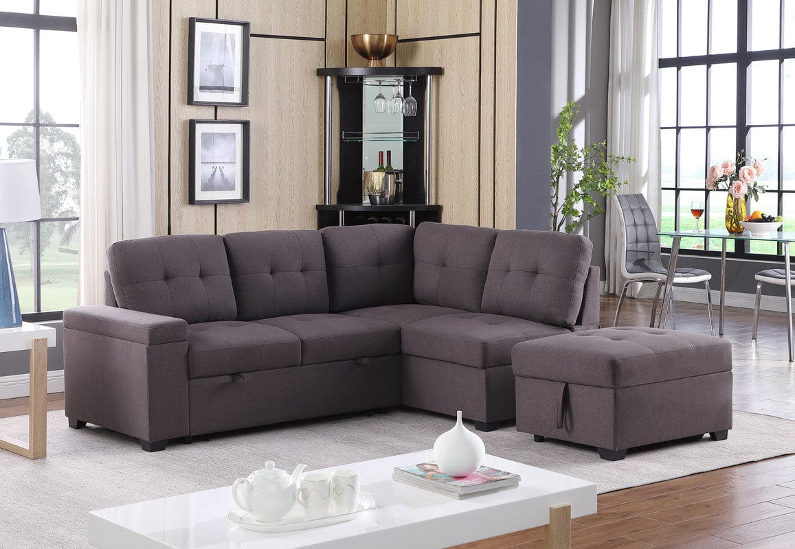 Willow & Hearth Katie 87.75"W Brown Linen Sleeper Sectional Sofa with Storage Ottoman, Storage Arm