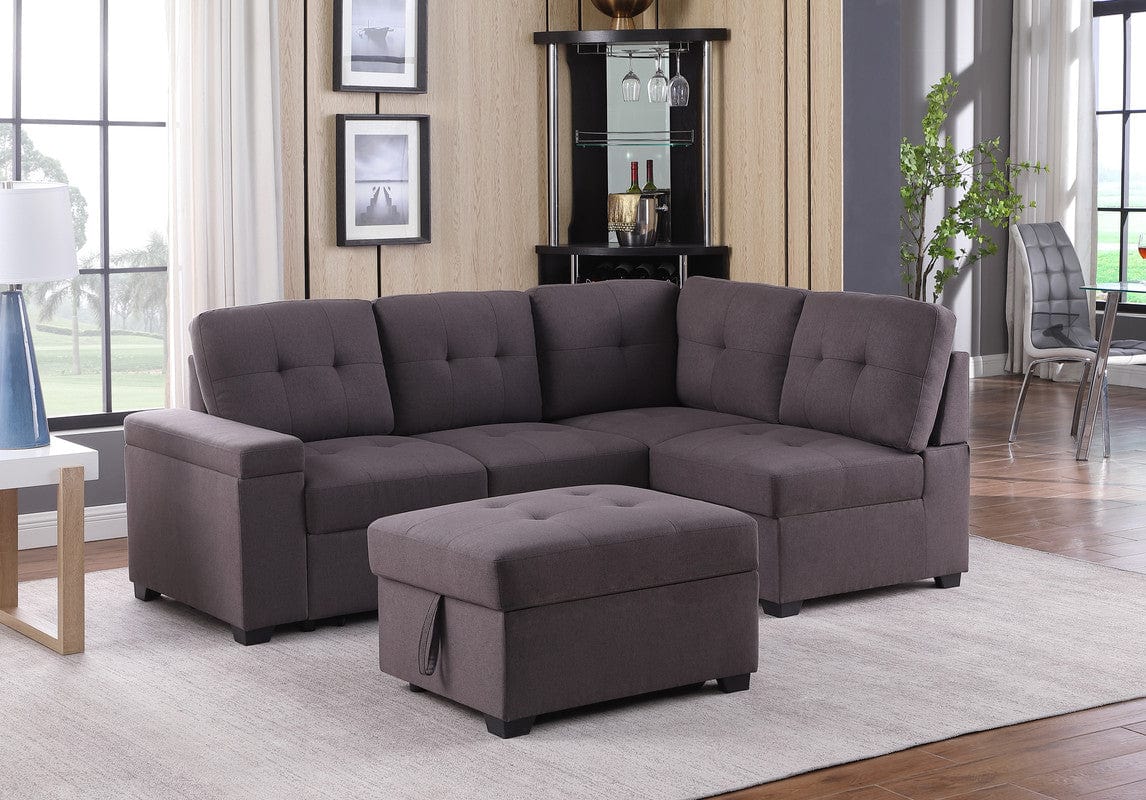 Willow & Hearth Katie 87.75"W Brown Linen Sleeper Sectional Sofa with Storage Ottoman, Storage Arm
