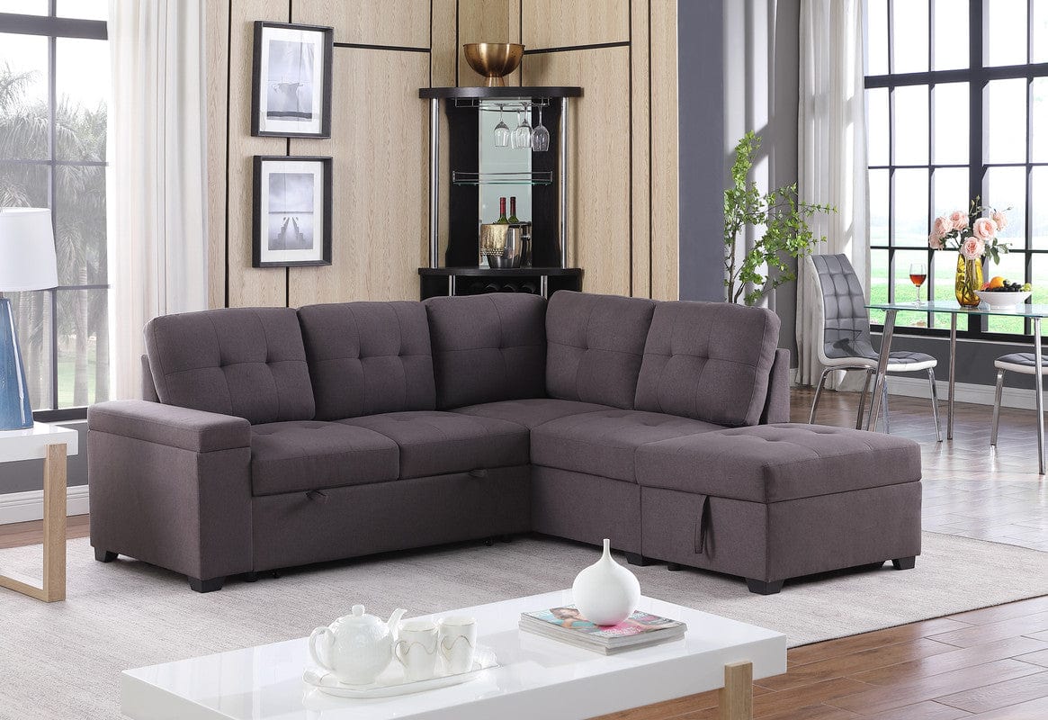 Willow & Hearth Katie 87.75"W Brown Linen Sleeper Sectional Sofa with Storage Ottoman, Storage Arm