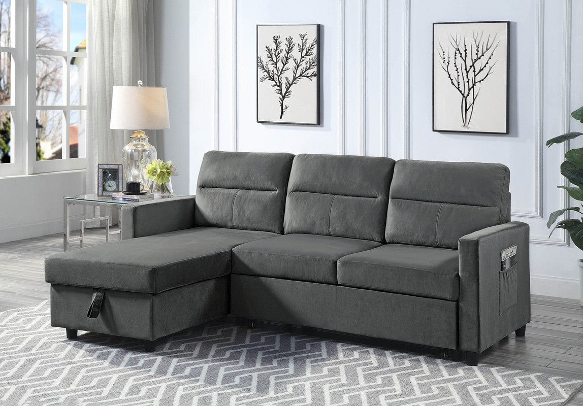 Willow & Hearth Ivy 81.5"W Dark Gray Velvet Reversible Sleeper Sectional Sofa with Storage Chaise and Side Pocket