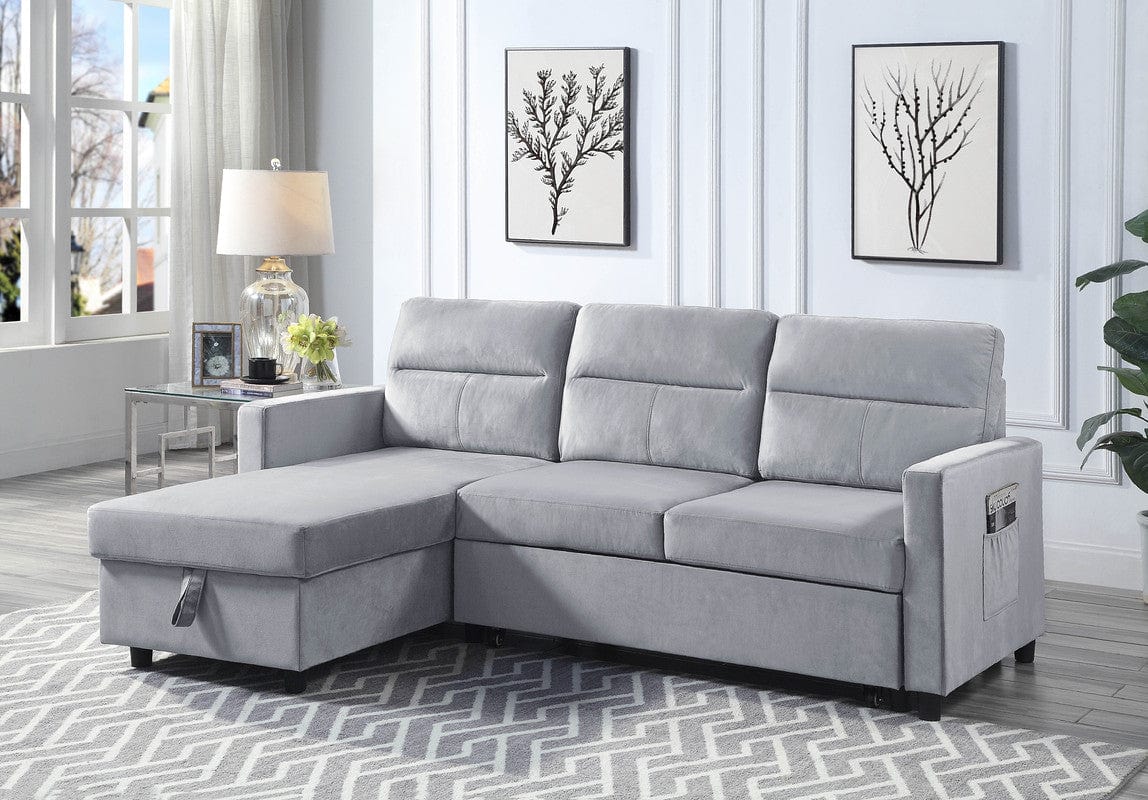 Willow & Hearth Ivy 81.5"W Light Gray Velvet Reversible Sleeper Sectional Sofa with Storage Chaise and Side Pocket