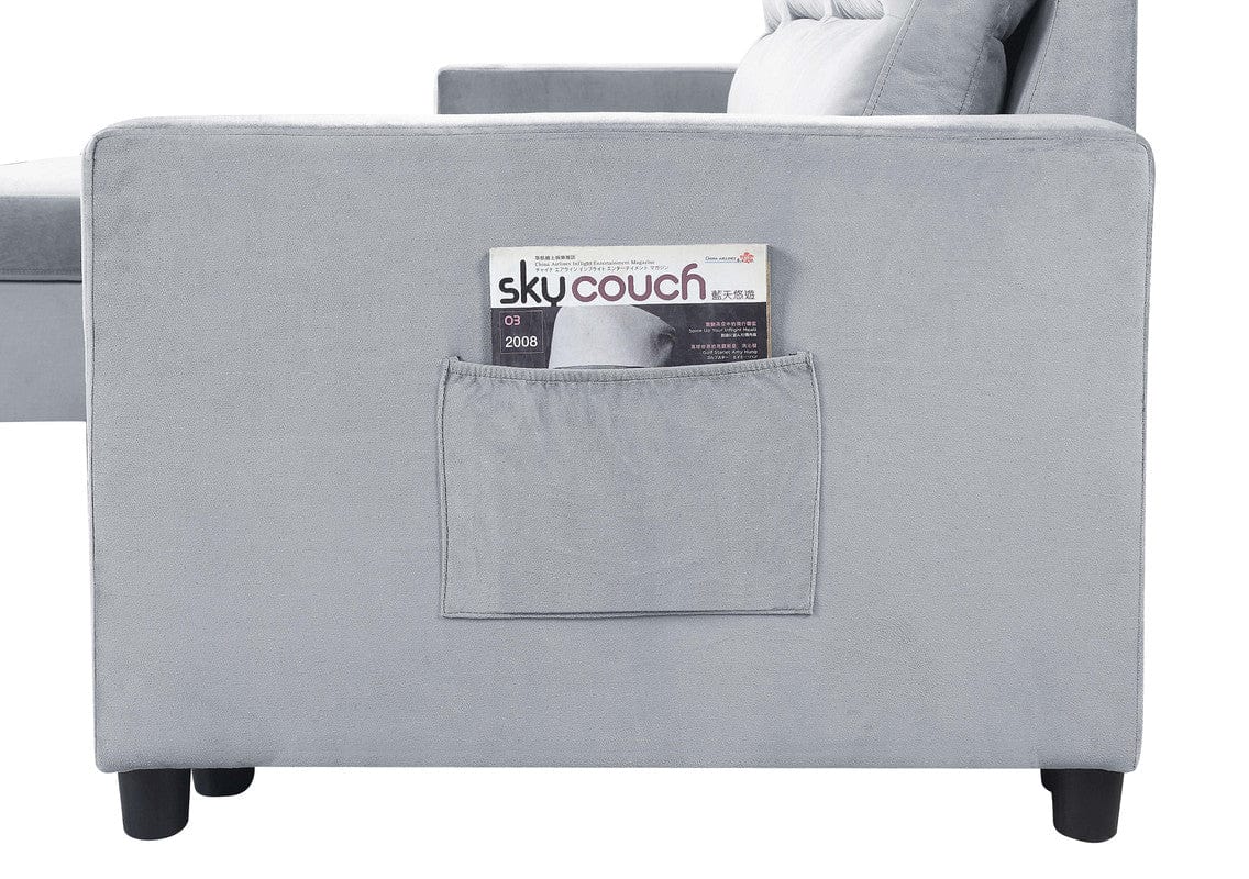 Willow & Hearth Ivy 81.5"W Light Gray Velvet Reversible Sleeper Sectional Sofa with Storage Chaise and Side Pocket