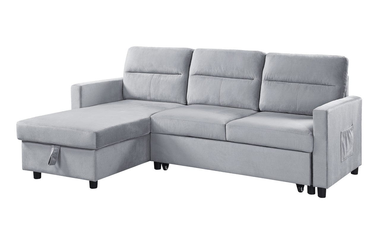 Willow & Hearth Ivy 81.5"W Light Gray Velvet Reversible Sleeper Sectional Sofa with Storage Chaise and Side Pocket