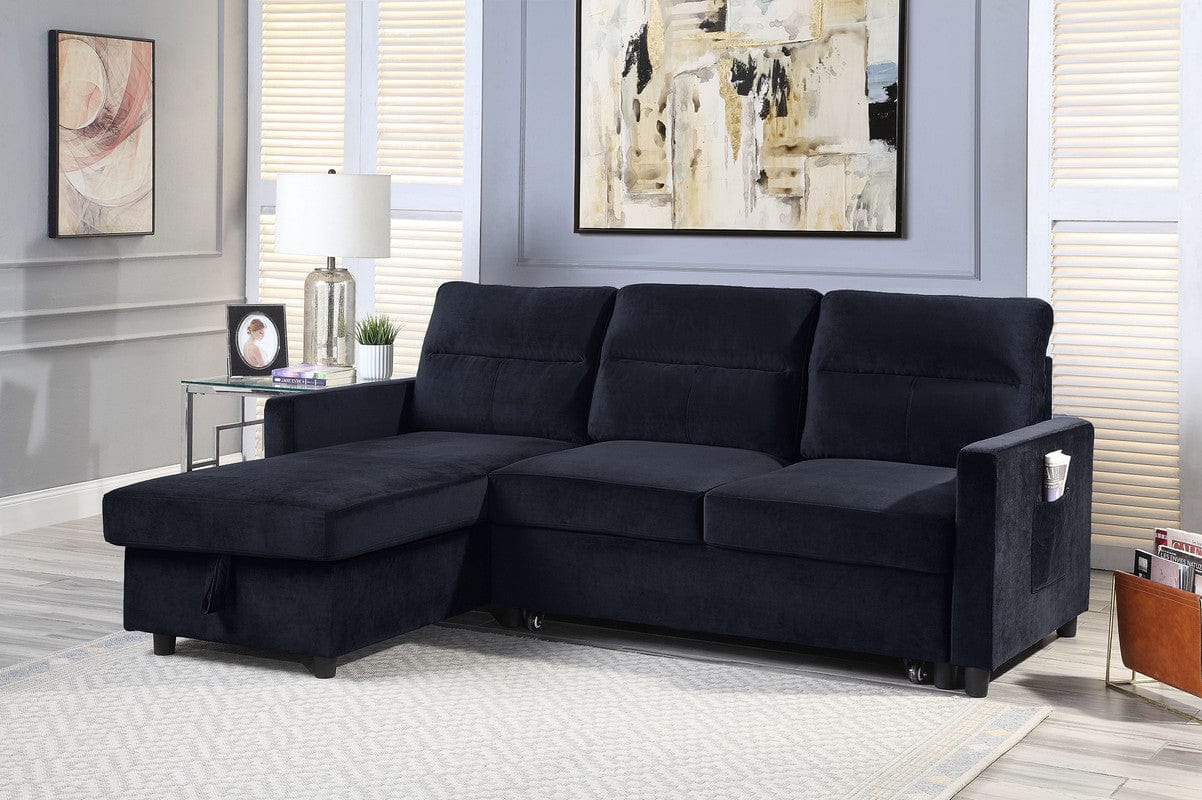 Willow & Hearth Ivy 81.5"W Black Velvet Reversible Sleeper Sectional Sofa with Storage Chaise and Side Pocket