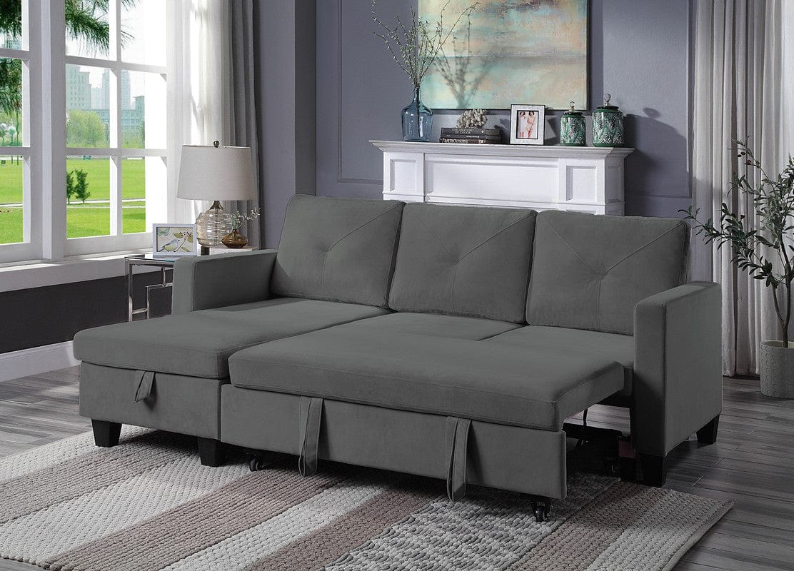 Willow & Hearth Nova 82.5"W Dark Gray Velvet Reversible Sleeper Sectional Sofa with Storage Chaise