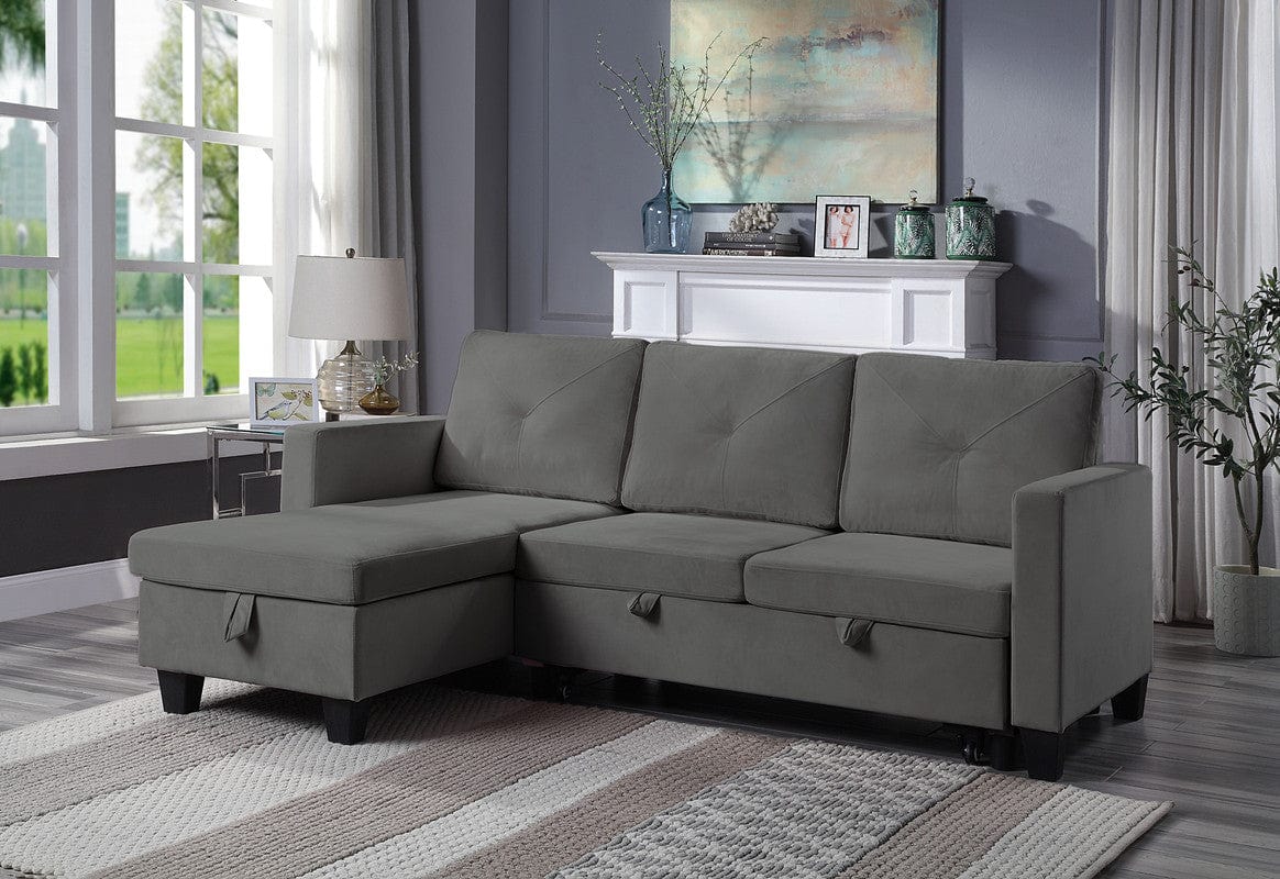 Willow & Hearth Nova 82.5"W Dark Gray Velvet Reversible Sleeper Sectional Sofa with Storage Chaise