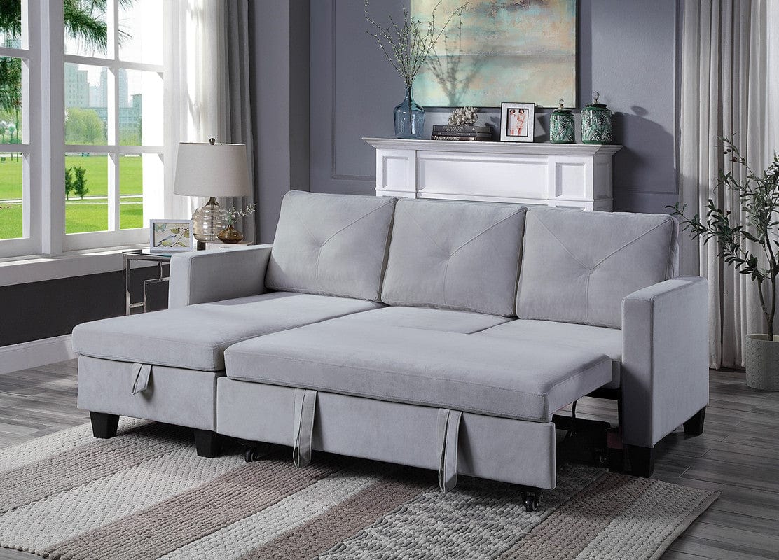 Willow & Hearth Nova 82.5"W Light Gray Velvet Reversible Sleeper Sectional Sofa with Storage Chaise