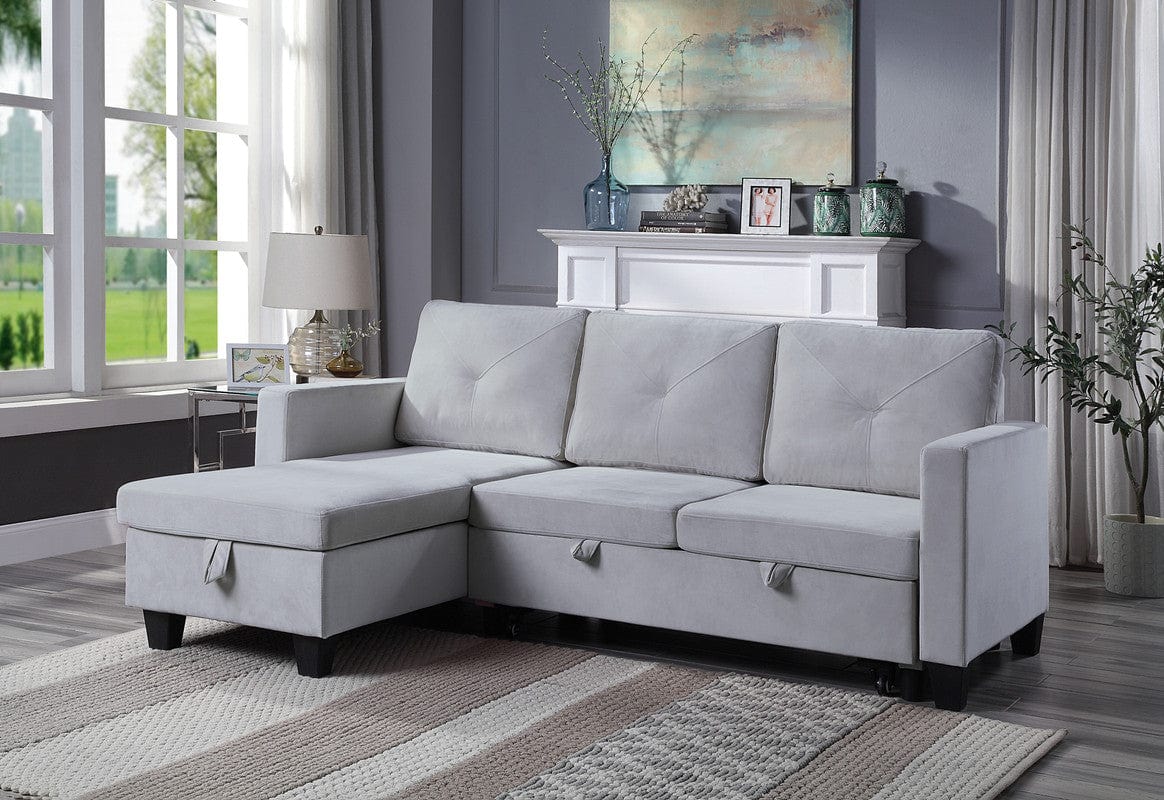 Willow & Hearth Nova 82.5"W Light Gray Velvet Reversible Sleeper Sectional Sofa with Storage Chaise