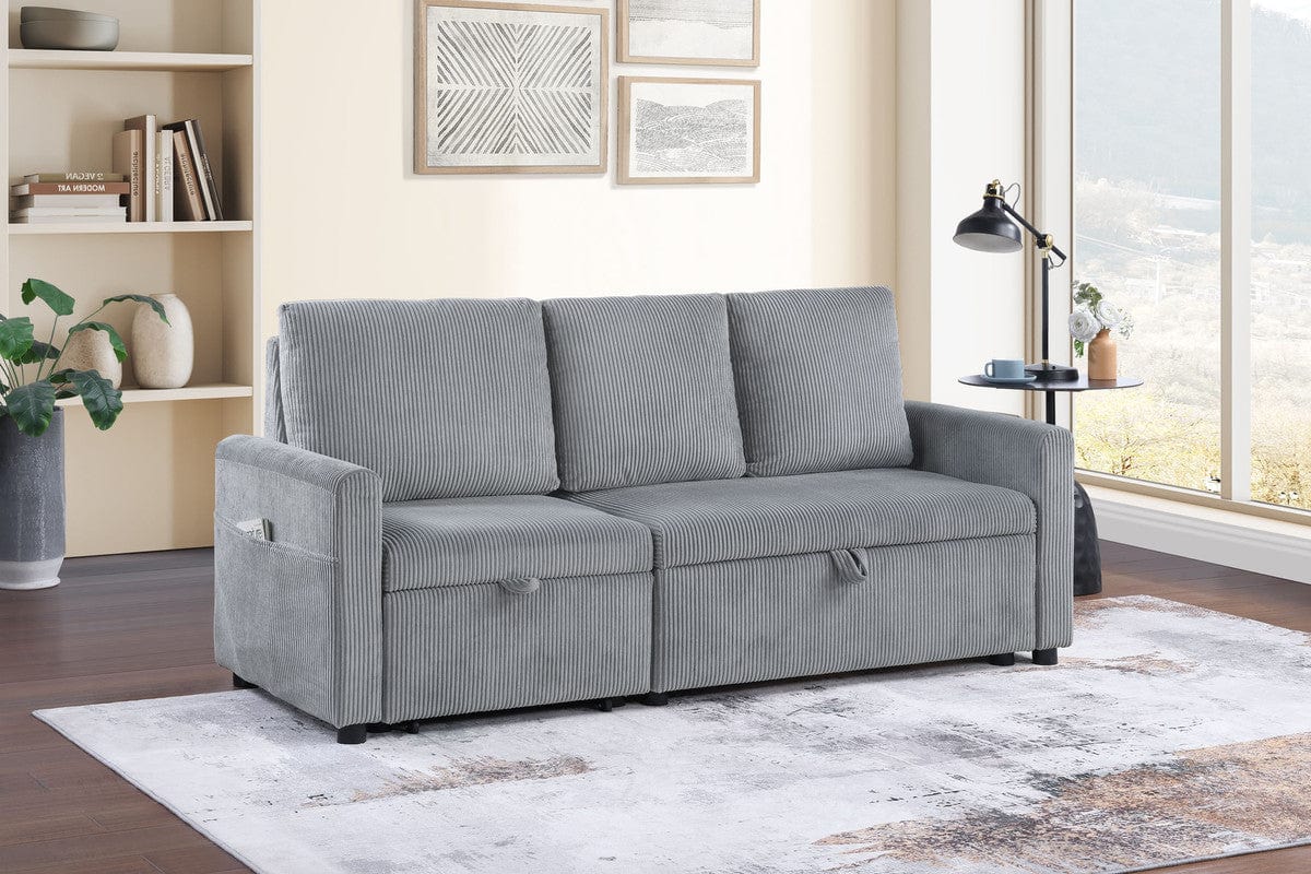 Willow & Hearth Oswin 70"W Gray Corduroy Sofa with Pull-Out Chaise, Underseat Storage, Side Pocket
