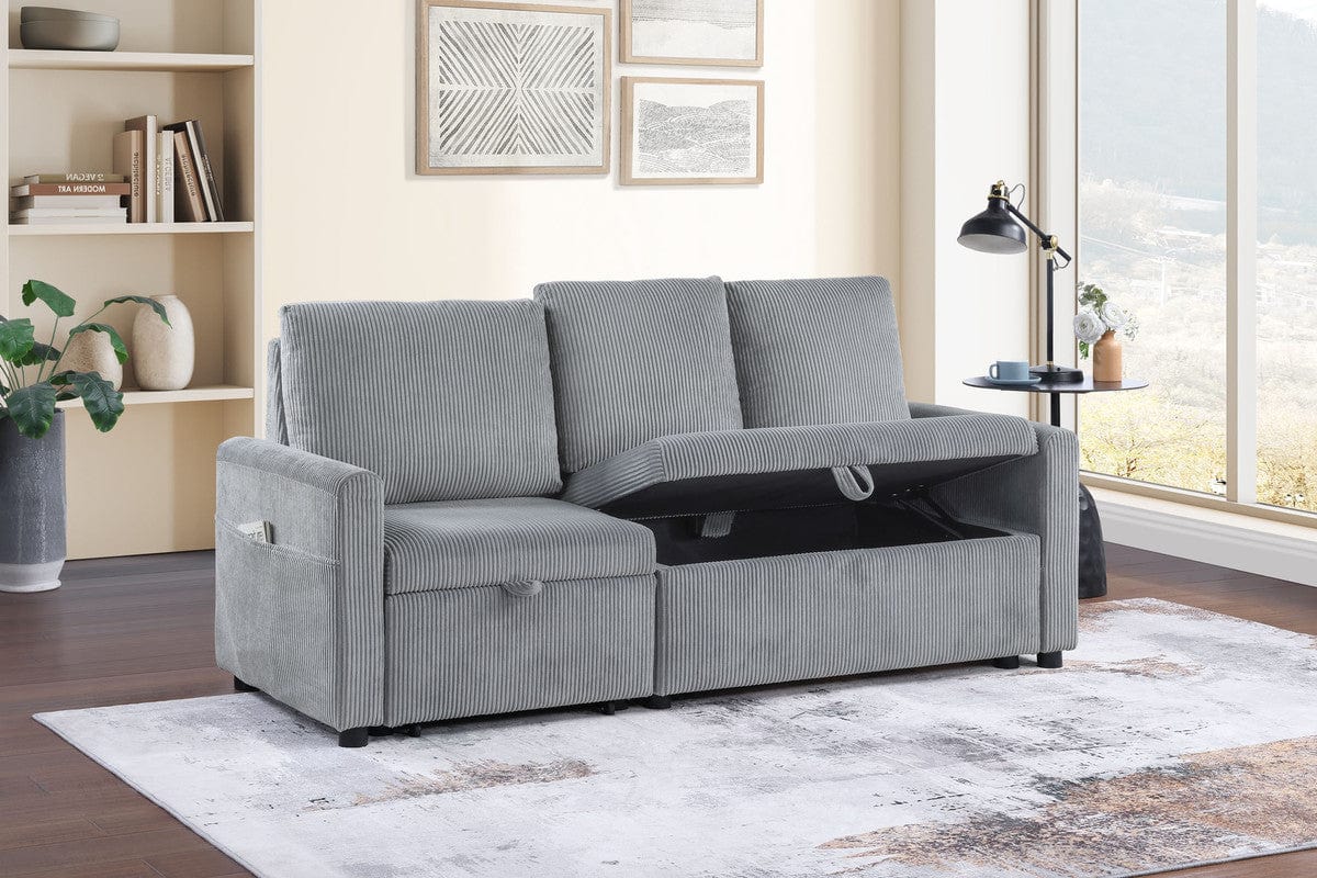 Willow & Hearth Oswin 70"W Gray Corduroy Sofa with Pull-Out Chaise, Underseat Storage, Side Pocket