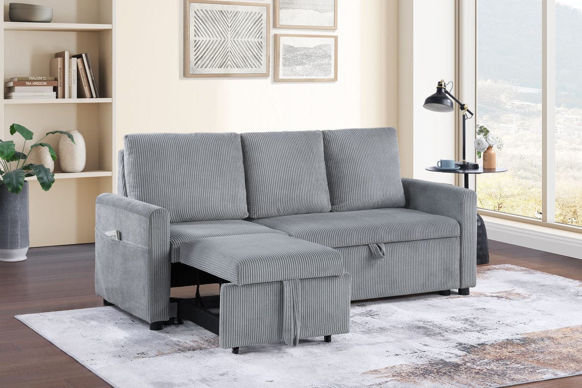 Willow & Hearth Oswin 70"W Gray Corduroy Sofa with Pull-Out Chaise, Underseat Storage, Side Pocket