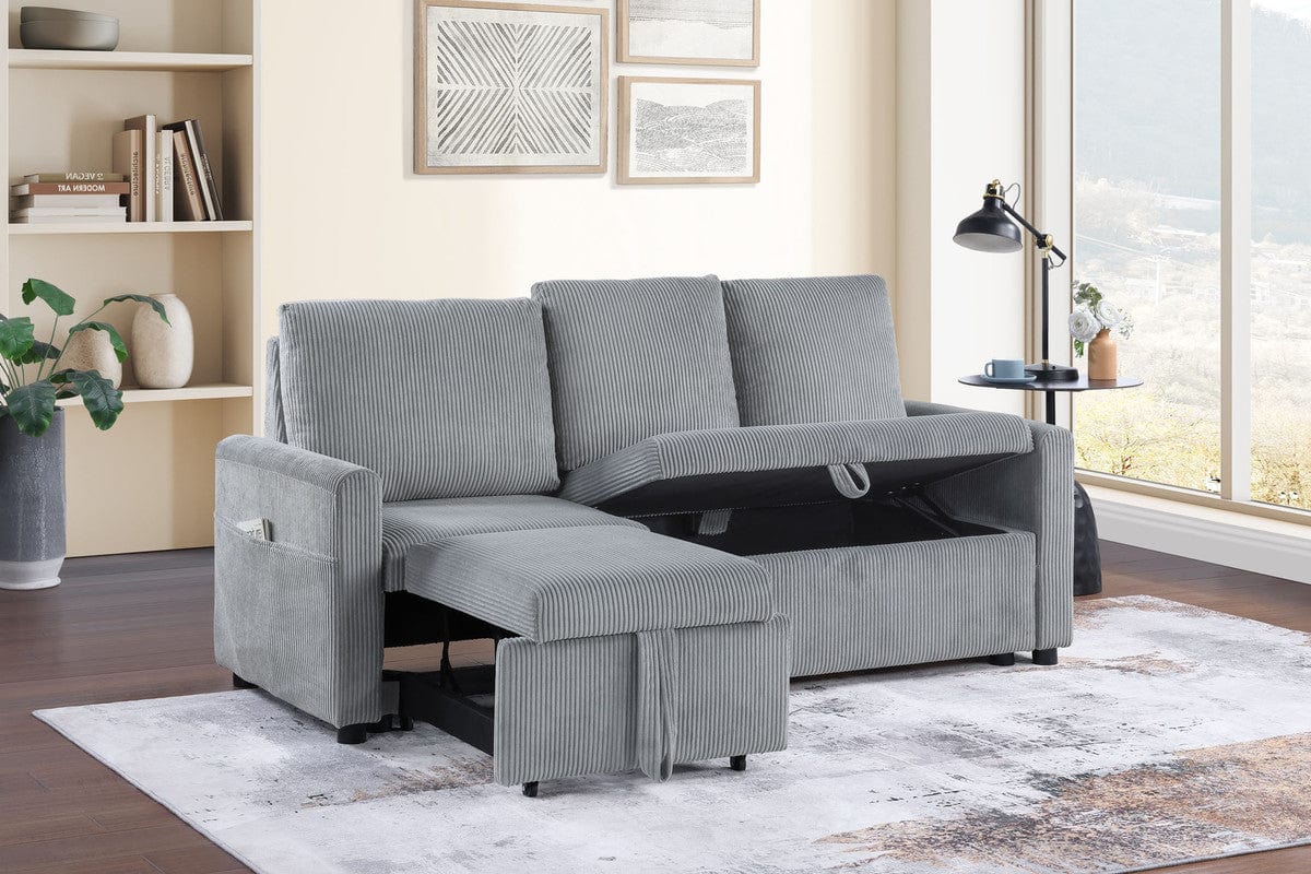 Willow & Hearth Oswin 70"W Gray Corduroy Sofa with Pull-Out Chaise, Underseat Storage, Side Pocket