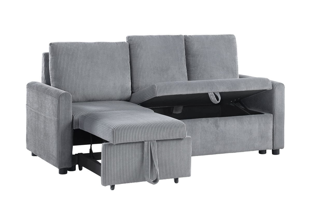 Willow & Hearth Oswin 70"W Gray Corduroy Sofa with Pull-Out Chaise, Underseat Storage, Side Pocket